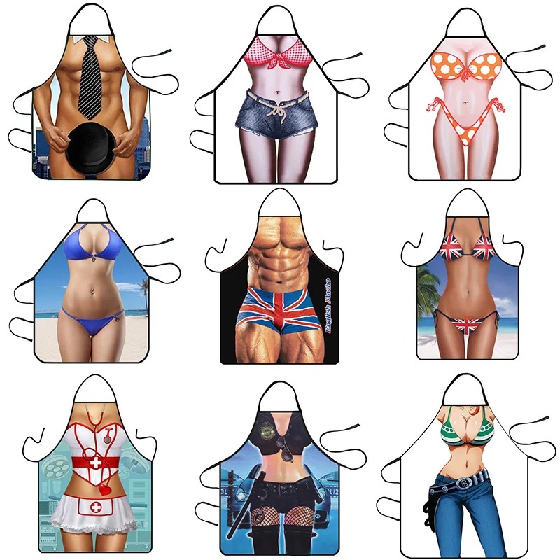 Creative Sexy Women Apron Waterproof Funny Muscle Man Aprons Dinner Party Kitchen Cooking Pinafore Home Cleaning