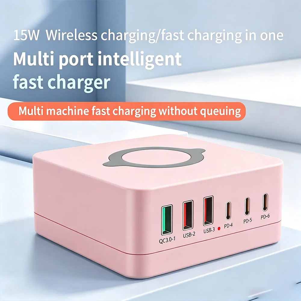 140W Total Power Desktop Fast Charger Station Multi‑Device Charging 、with 15W Wireless Charging PD QC3.0 for Smartphones Laptops