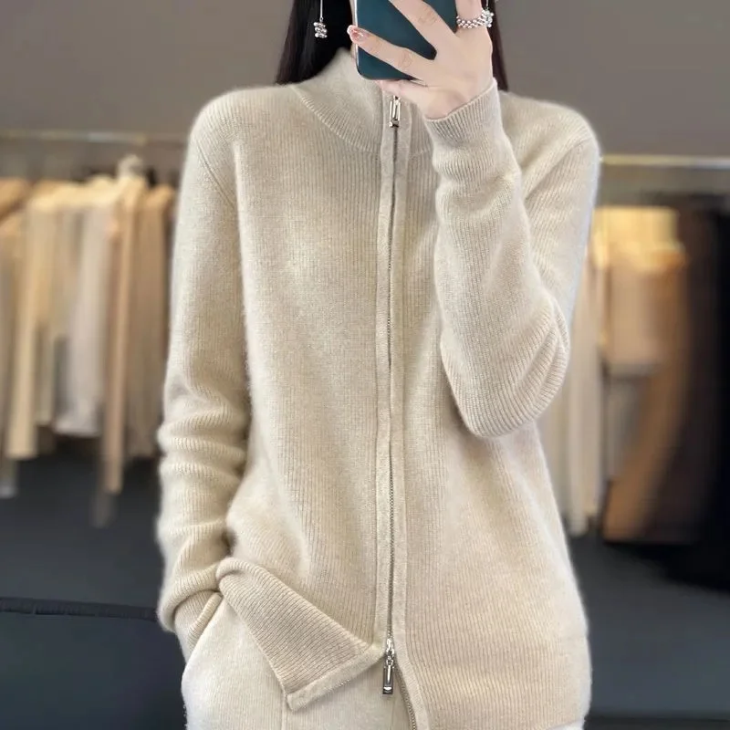 2024 New 100% Pure Wool Zipper Cardigan Padded Shoulder Stand Collar Women\'s Long Sleeve Cashmere Knitted Coat Lapel Sweater