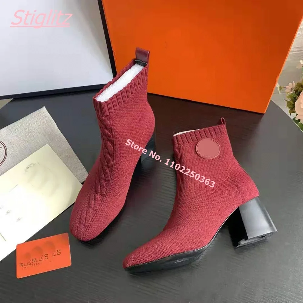 2024 Winter New Women Woolen Boots Luxury Pointed Toe Slip-On footwear Solid Elasticity Suede Square High Heel Office Shoes