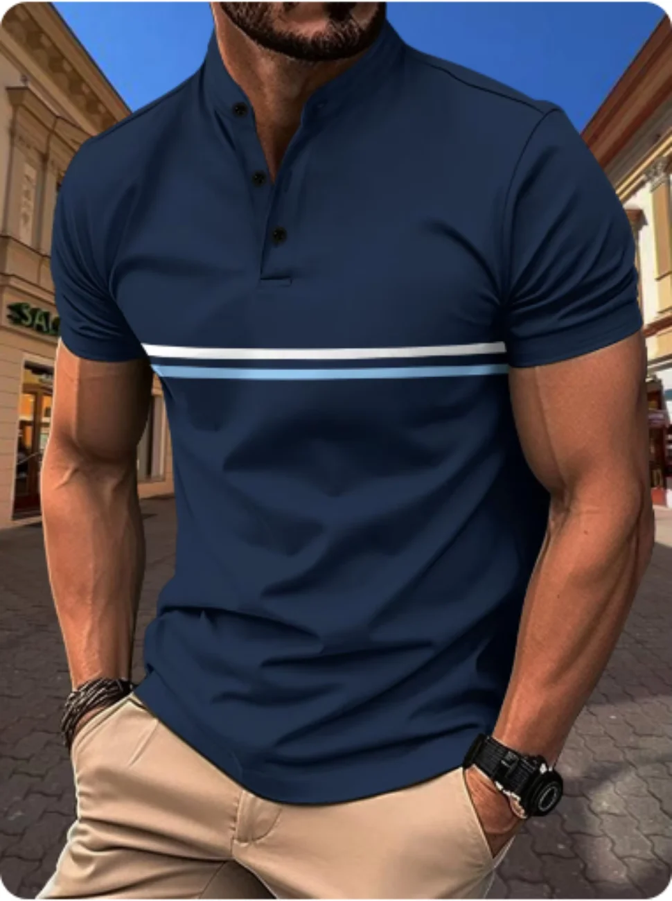 

2025 new men's casual Polo shirt, plaid sweat absorption quick drying stand collar fit, button sales slim polo shirt