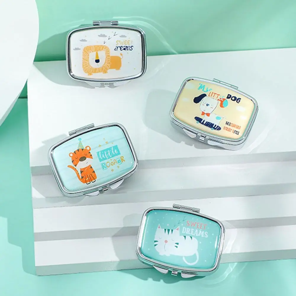 Con espejo HD, joyero de animales de dibujos animados, impermeable, 2 rejillas selladas, organizador multifuncional Kawaii, Mini pastillero de viaje