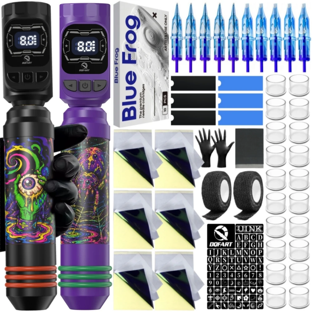 DQFART M3 Black&Purple Led Digltal Display Electric Wireless Tattoo Machine Detachable Two Batteies Transfer Paper Tattoo Artist