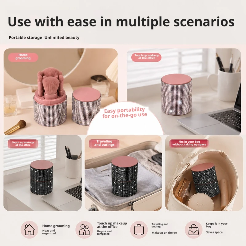 Women Shiny Rhinestone Cosmetic Brush Storage Tube PU Leather Portable Desktop Makeup Tool Holder Auto Small Beauty Organizer De view 4