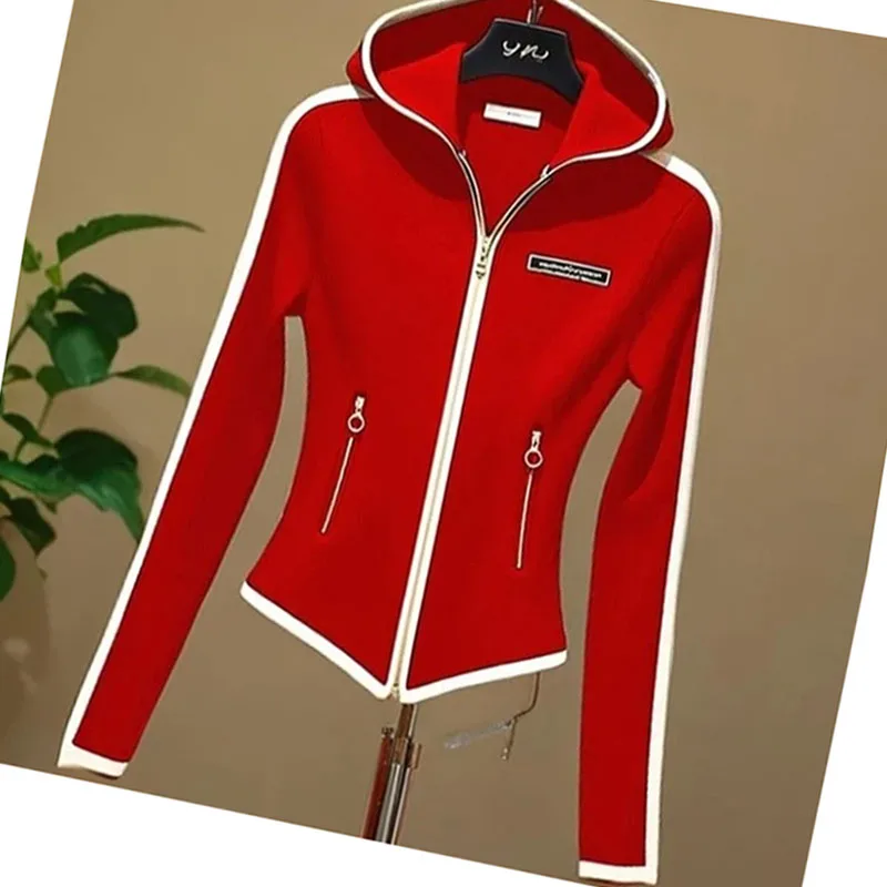 2025 Explosions Sports Casual Red Zipper Hooded Sweater Coat Women's Spring And Autumn Super Nice Waist-Shrinking And Slim Top