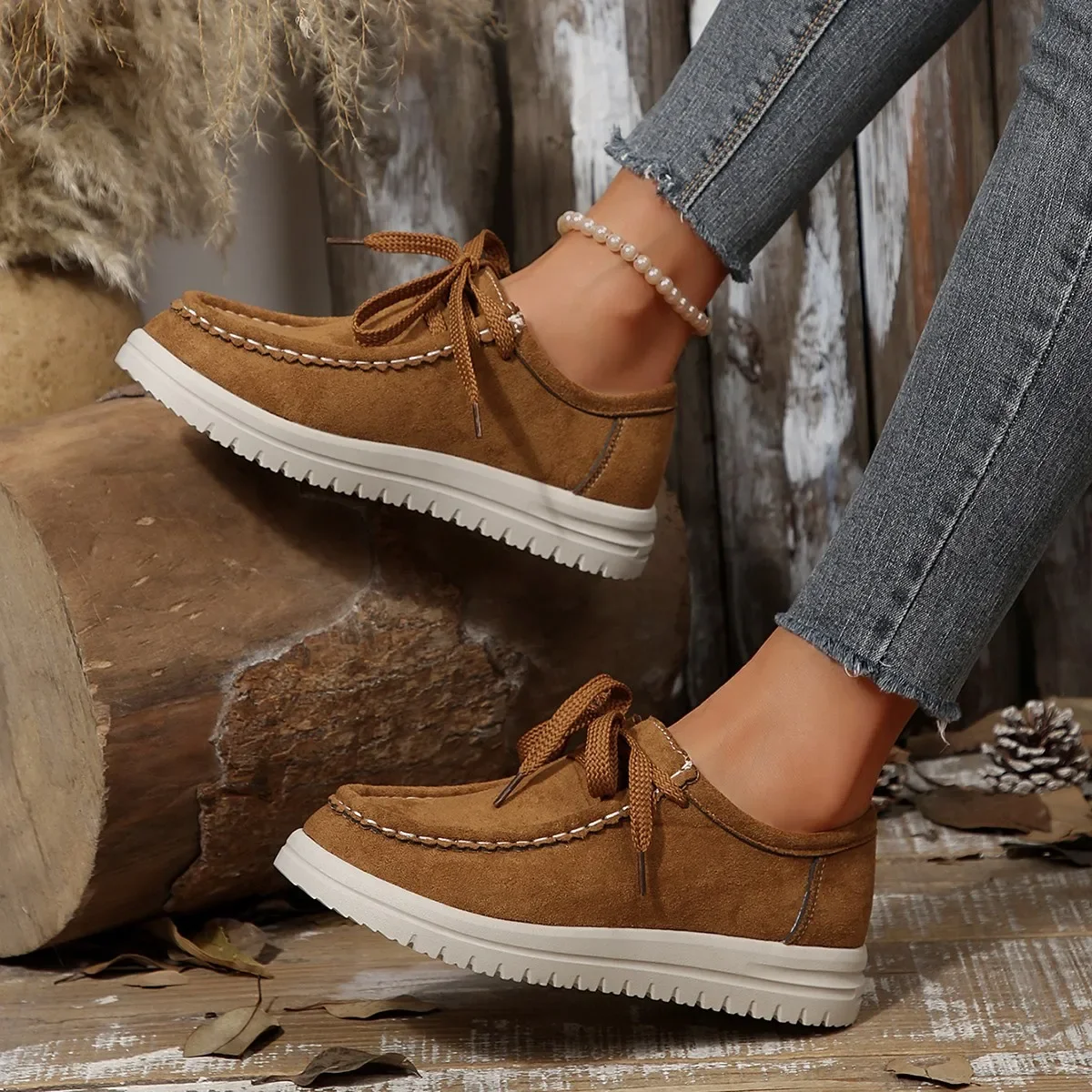 أحذية رياضية نسائية 2025 موضة الخريف الجديدة أحذية رياضية سميكة سوليد الدانتيل متابعة جولة تو أحذية نسائية عادية ومريحة #4