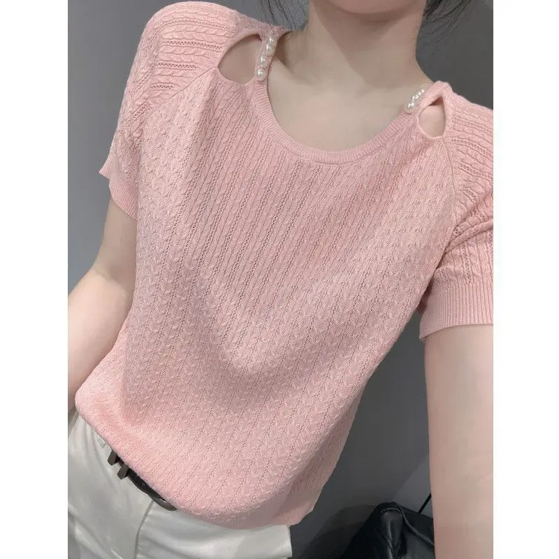 Mujer verano simplicidad Oficina señora Color sólido cuello redondo manga corta prendas de punto finas Tops señoras moda temperamento Casual Tops