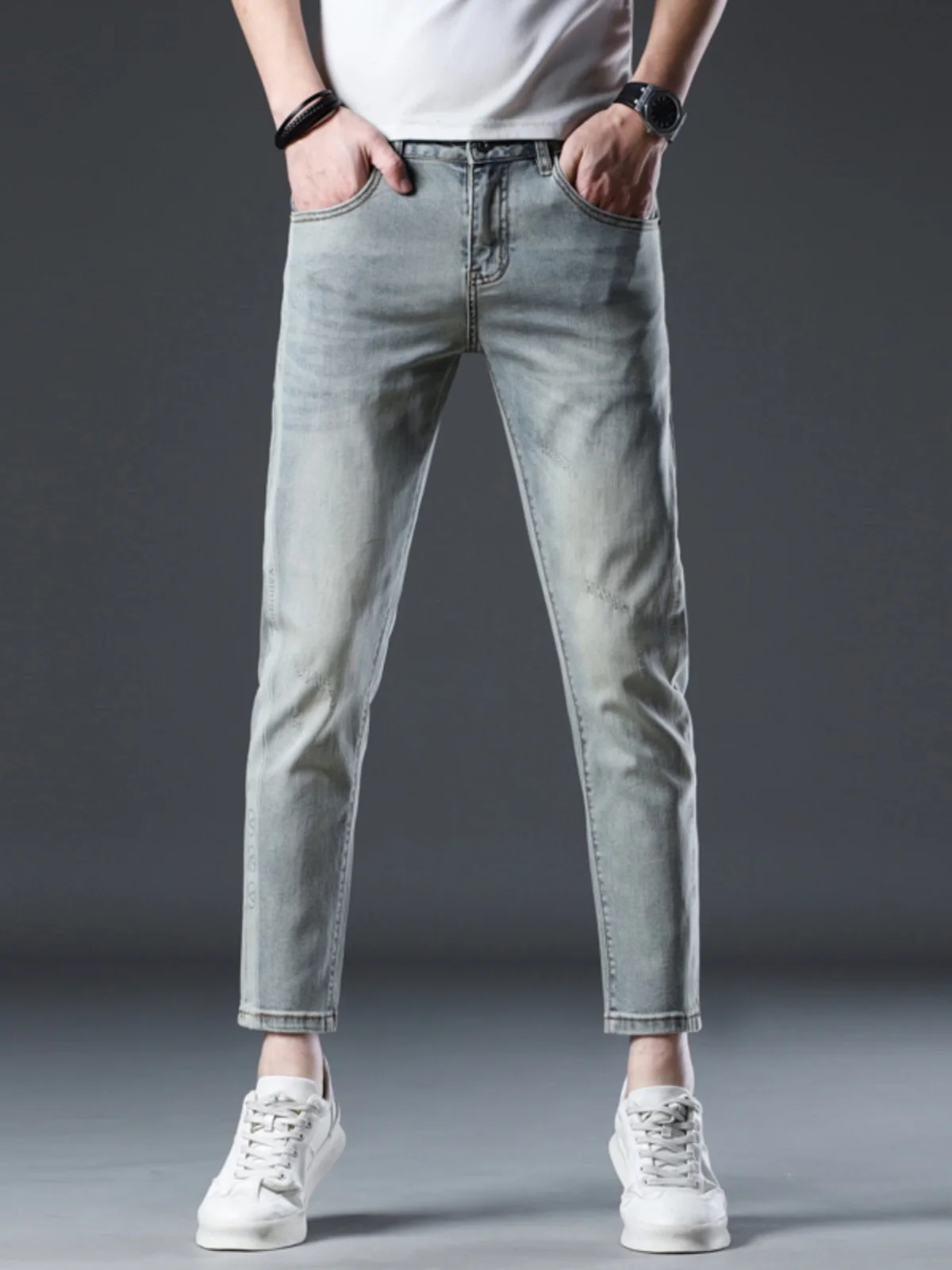 

Мужские джинсы с высокой талией из эластичного хлопка, облегающие, повседневные, универсальные, в стиле ретро, молодежные, весна-лето, 9 предметов в комплекте