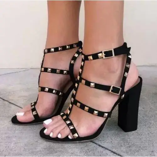 

Summer Fashion Women Black Suede Rivets Open Toe Narrow Bands Ankle Buckle Strap Block Heel Sandals Banquet Dress Shoes Laay