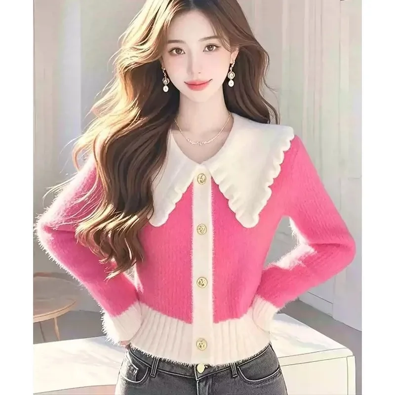 우아한 배색 니트 스웨터 여성용 2026 신상 슬림 봄 가을 겨울 스웨터 탑 한국 여성들에게 높은 평가를 받음