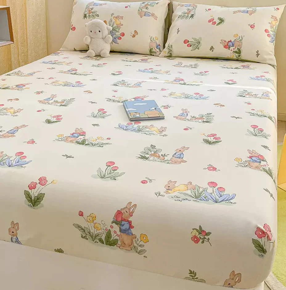 100% Cotton Fitted Sheet with Elastic Band + 2pcs Pillowcase Extra Deep Pocket 20 inch 50cm Deep Flower Printed Mattress Cover