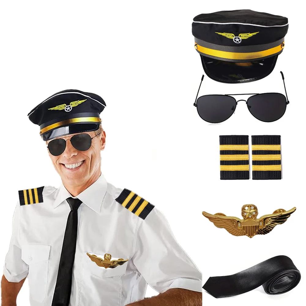 Pilot costume accessories: captain's hat, pilot epaulettes, sunglasses, tie, and pilot badge. Perfect for themed costume parties