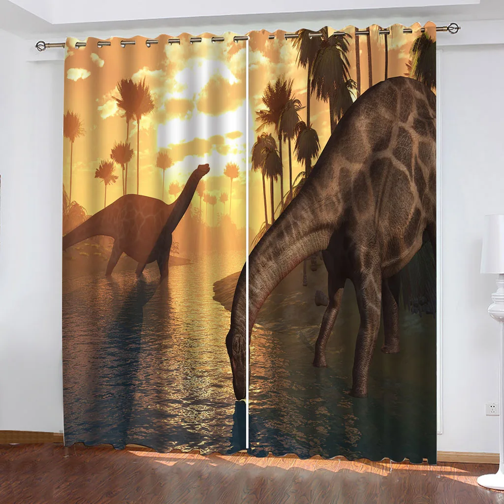 HUANZHUANG Curtains For Bedroom Patterned Dusk Forest Dinosaur Curtains Blackout For Living Room D Print Patterned Eyelet Ring