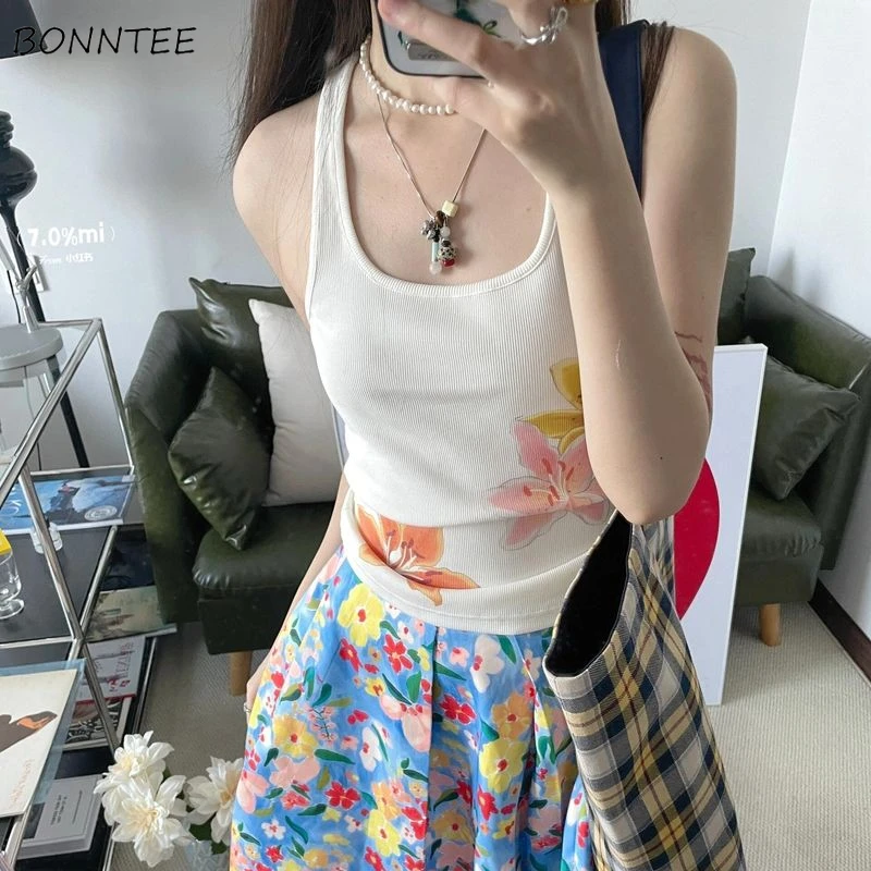 Tank Tops Women Summer Floral Print Spicy Girls All-match Casual Slimming Korean Style Streetwear Attractive Personality Camis