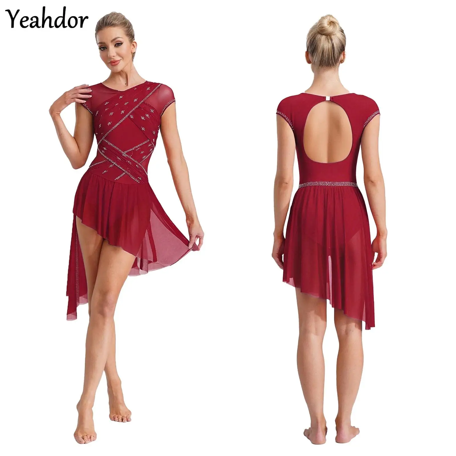 

Women Figure Skating Leotard Dress Mesh Irregular Hem Rhinestones Gymnastics Skating Ballet Lyrical Contemporary Dance Costume