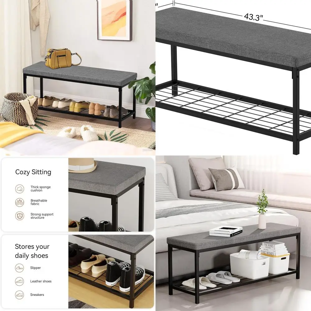 

Modern Grey Entryway Bench with Cushion Seat and Storage, Holds Up to 350 lbs, Ideal for Living Room, Bedroom, and Hallway