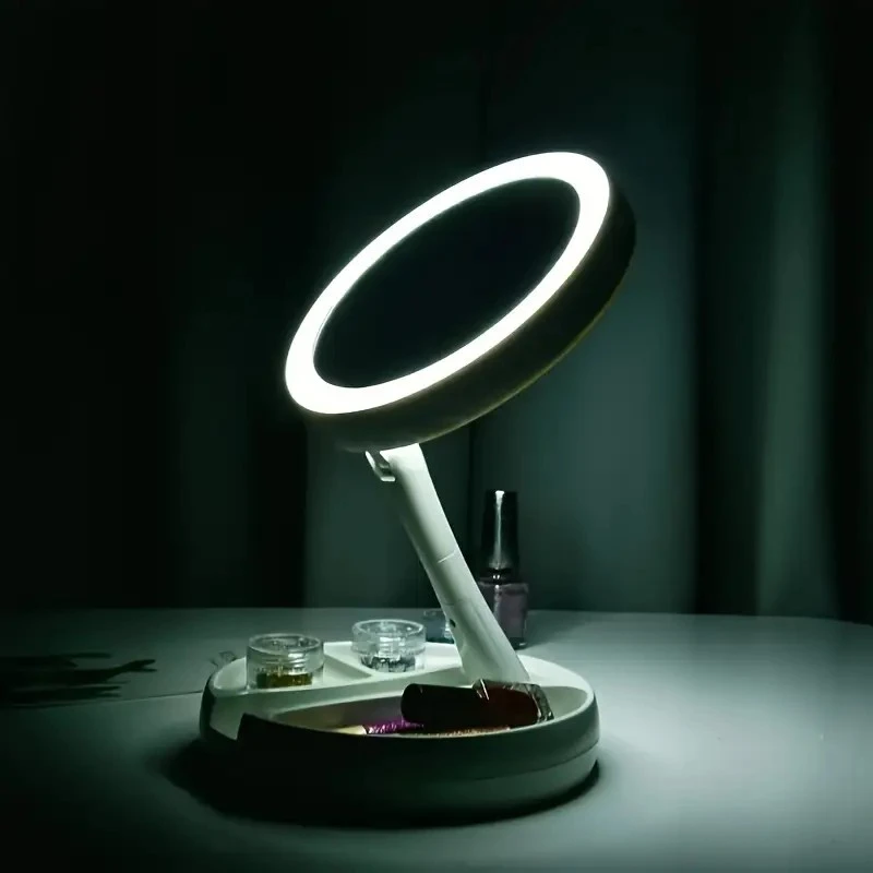 مرآة زينة LED مزدوجة الجوانب مع تكبير 1X/10X، قابلة لإعادة الشحن، سطوع قابل للتعديل، تصميم قابل للطي والمحمول للصنع