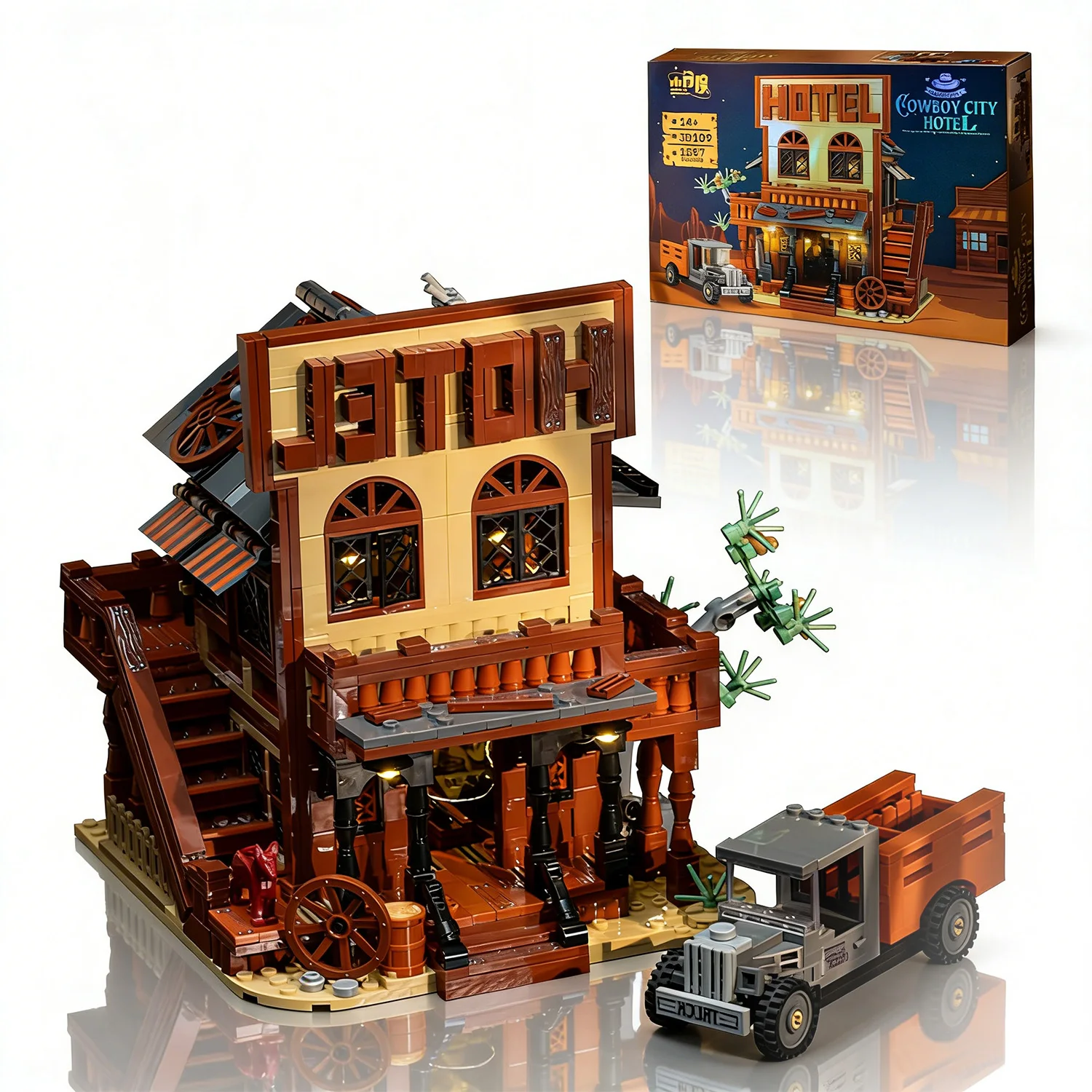 

1834PCS Wild West Cowboy Bar Building Set, Western Saloon Model Kit with Stable & Wagon, Collectible Display