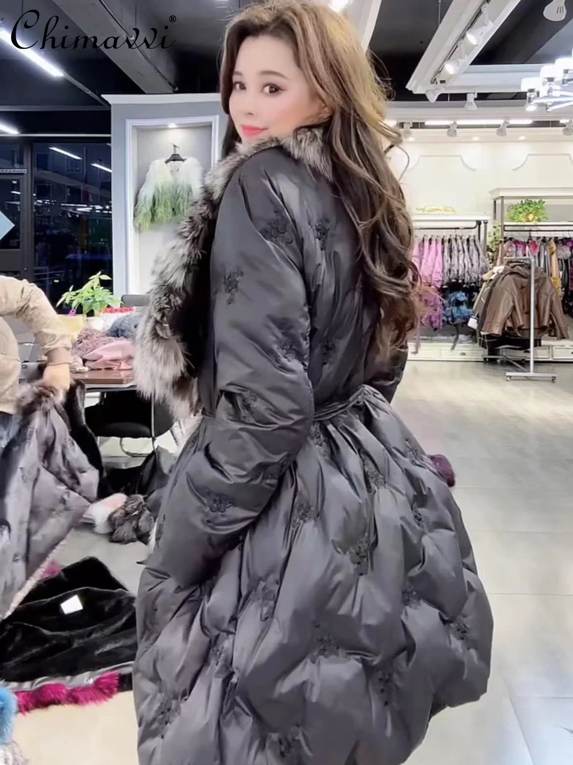 2024 inverno nova moda coreana raposa de prata grande gola de pele pato branco para baixo jaqueta feminina solta meados de comprimento cintura jaquetas quentes casaco