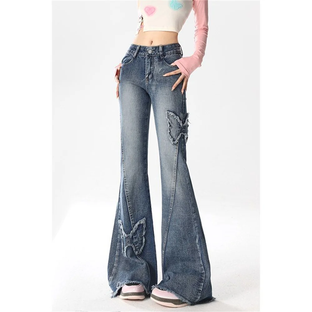 Y2K Vintage Women Flared Jeans High Waist Butt Lifting Butterfly Patch Raw Hem Casual Denim Pants Street Fashion Long Trousers