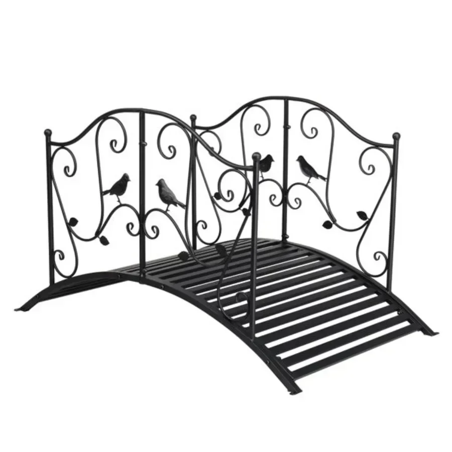 Black Arched Handrail Iron Bridge with Bird Pattern 119x67x71 Cm for Courtyard Garden Arch Pergolas Decorative Garden Supplies