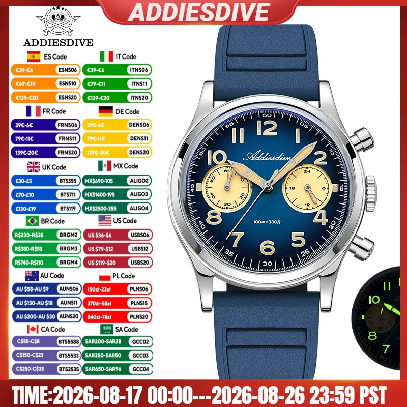 ADDIESDIVE Chronographie Quarzuhren VK64 Retro Luxus Blase Glas 38mm Herrenuhr Wasserdicht 10Bar Leuchtende Armbanduhr Geschenk