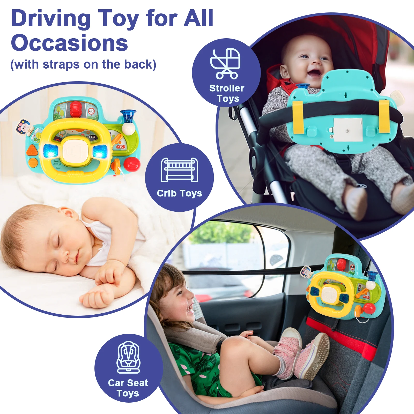 Volant électrique pour bébé, pour sièges de voiture et poussette, simulation de conduite, jouets vocaux pour tout-petits de 0 à 36 mois, jouets éducatifs