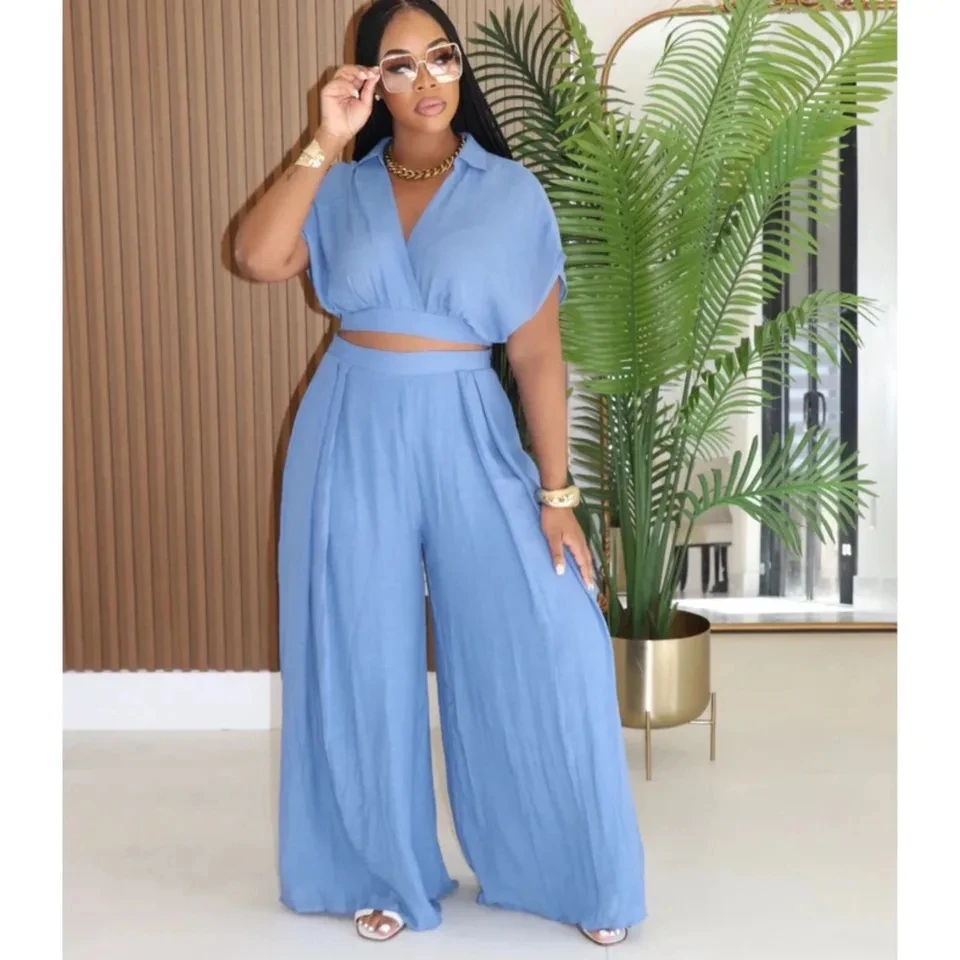 

Sexy Ultra-short Deep V Neck Bat Short-sleeved Women's Top 2 Piece Set Summer Casual Loose Elegant Female Wide-leg Trousers Suit