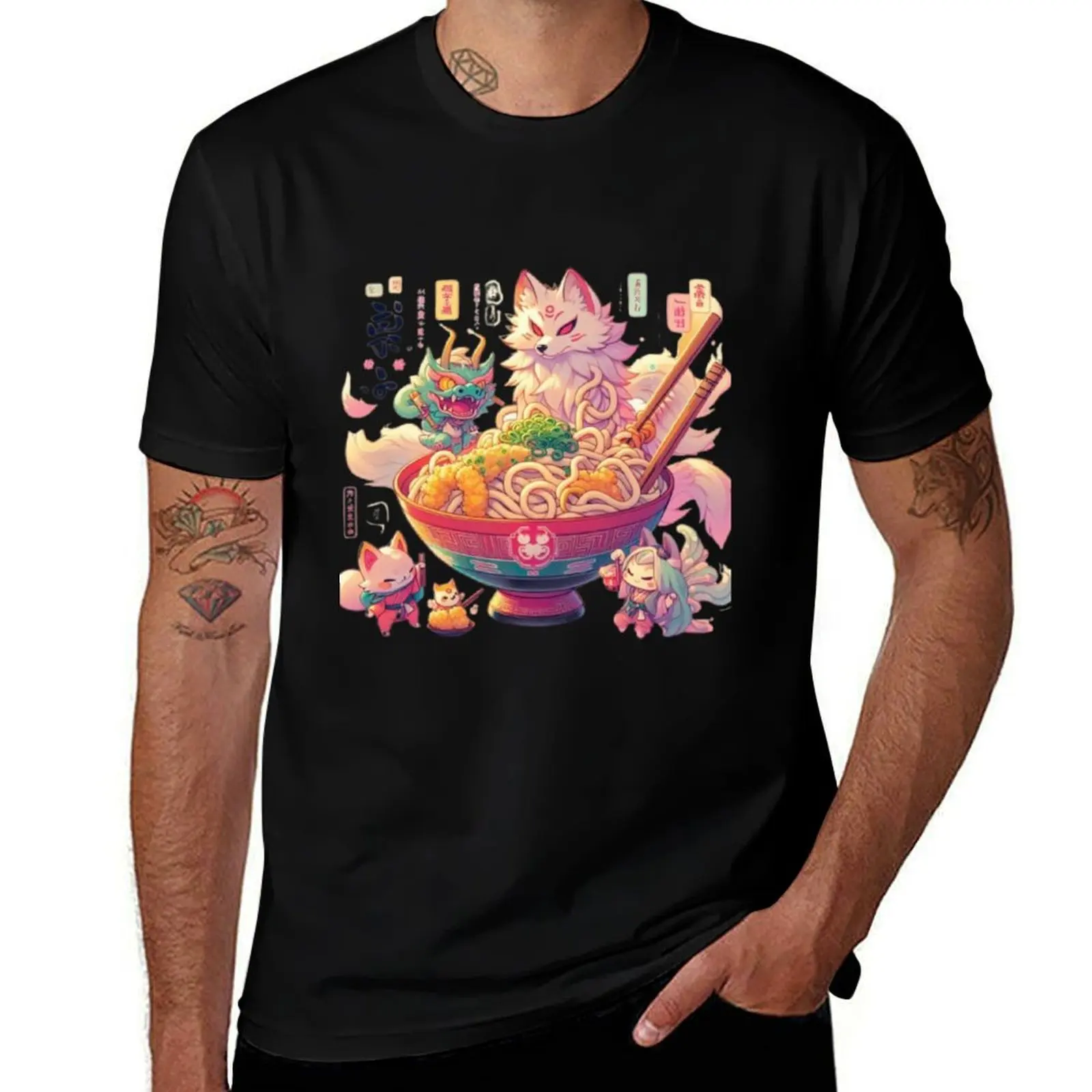 Camiseta Kitsune Ramen, camisetas divertidas de gran tamaño, camisa cruzada para hombre, camisetas de algodón para hombre