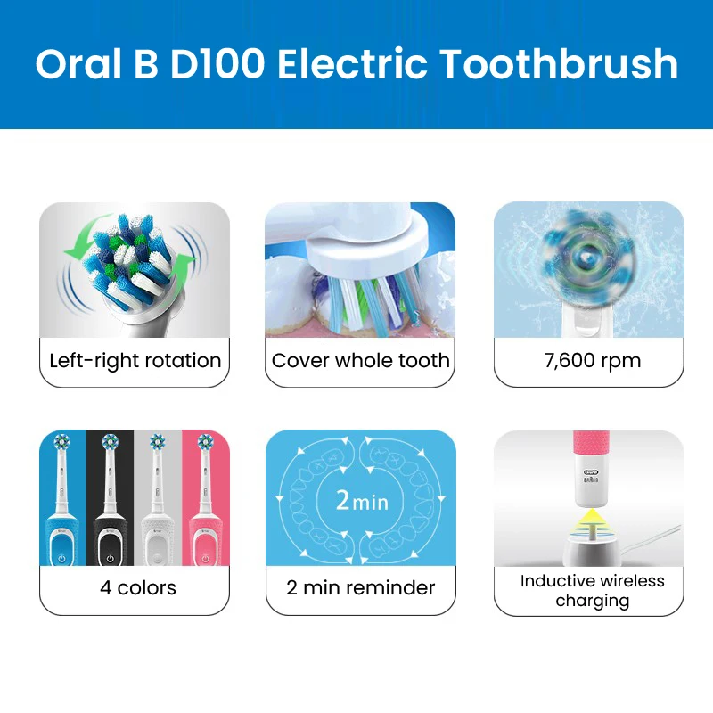 Oral B D100 Vitality Electric Toothbrush 2D Left-right 7,600RPM Rotation Inductive Charger Fully Waterproof Toothbrush