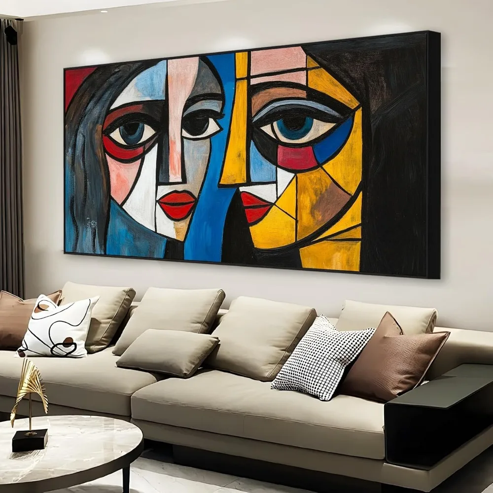 Seni Kanvas Wajah Wanita Abstrak, Lukisan Kubisme Picasso, Dekorasi Dinding Ruang Tamu (Bingkai Hitam, 62"x31" |   160x80cm)