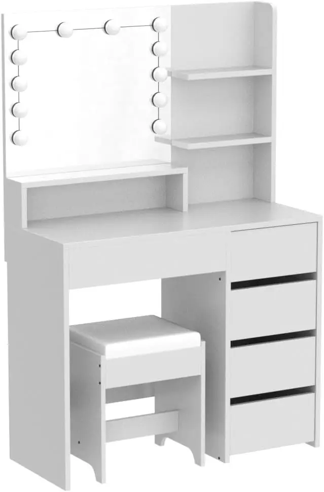 

37" W Vanity Mirror w/ Lights & Table Set w/5 Drawers, Vanity Set 3 Lighting Modes Brightness Adjustable for Bedroom Studio