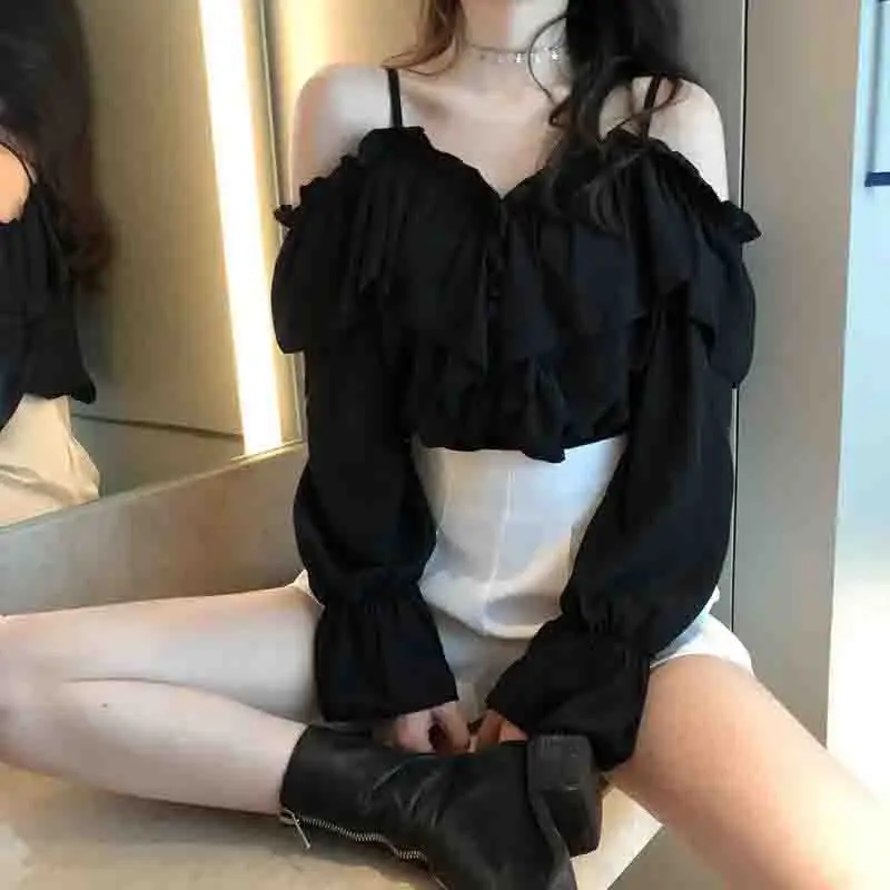 Off Shoulder Blouses Women Casual Ruffles Sexy Flare Sleeve Elegant Shirt Solid Party Design Office Ladies Loose Fashion Tops