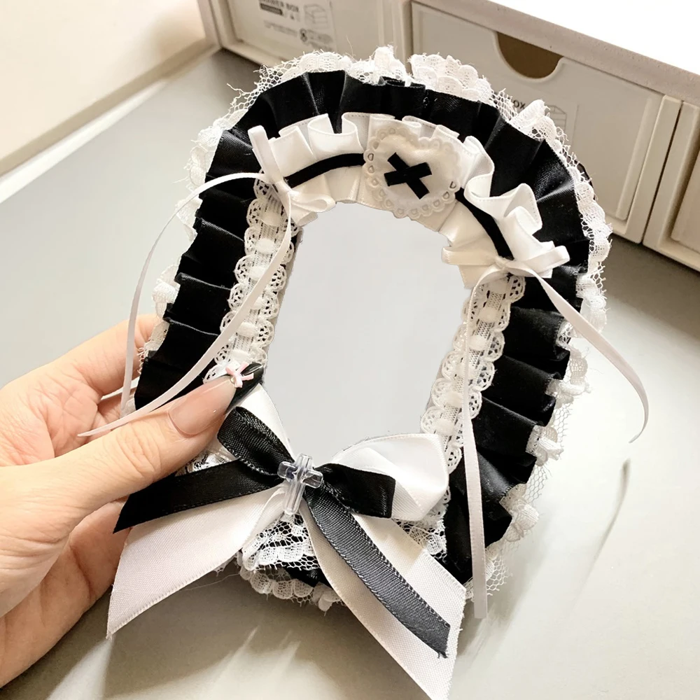 Handmade Black White Lace Bow 3 Inch Decor Photo Frame, Multi‑Layer Ruffled Trim, Lolita Style, Anime Hobby Decor, Photo Display Holder, Picture Protector, Kawaii Collectible Supply