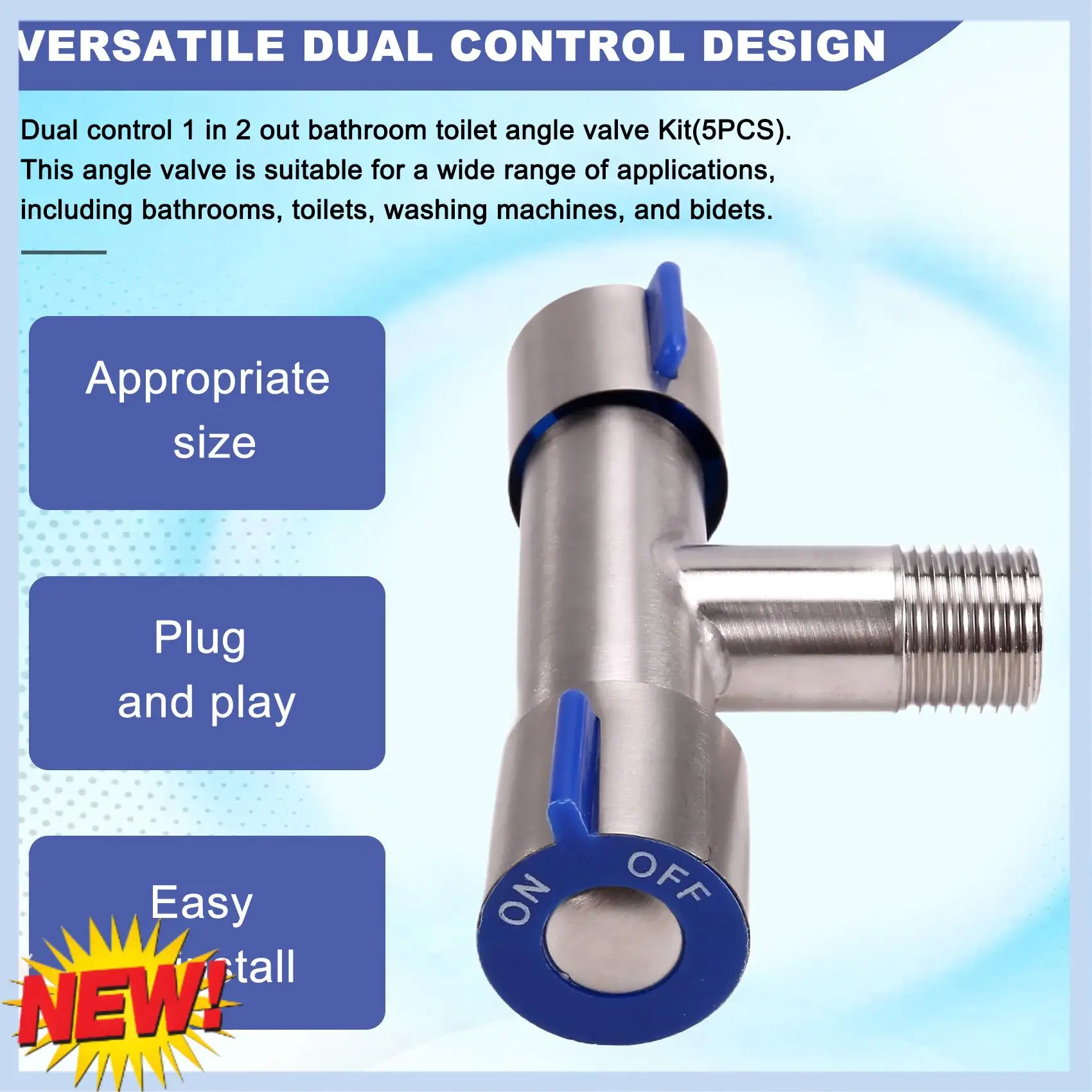 AT14 5PCS Dual Control 1 In 2 Out Bathroom Toilet Angle Valve Washing Machine Dual Water Bidet Angle Valve Faucet