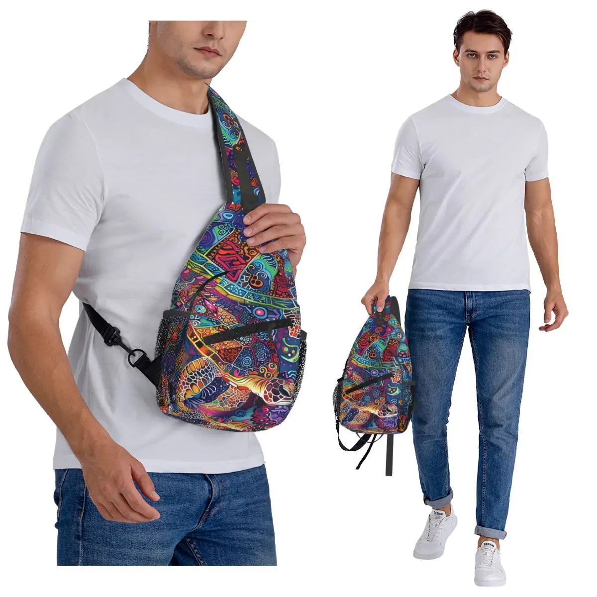 الملونة السلاحف البحرية خربش الفن طباعة حقيبة صدر للرجال الرجال الرافعة Crossbody على ظهره حقيبة صدر للرجال السفر المشي لمسافات طويلة Daypack حقيبة كتف