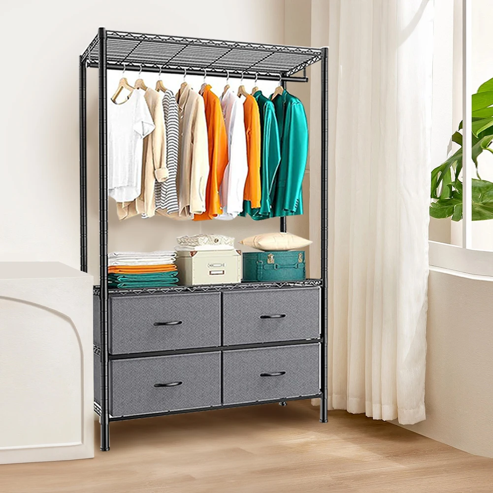 رف ملابس معدني مع 4 أدراج قماش كبيرة رف معلق للملابس على الأرض أرفف قابلة للتعديل لتعليق رف الملابس