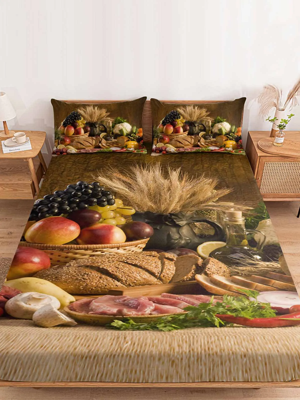 Vintage Rustic Fruit Food Polyester Fitted Sheet Mattress Cover Four Corners Elastic Band Bed Sheet Pilllowcase