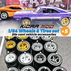 1/64 Front small and Rear Big Wheels with Detachable Rubber Tires Serrated spoke Refiting Parts for Hotwheels Model Cars 5 Sets