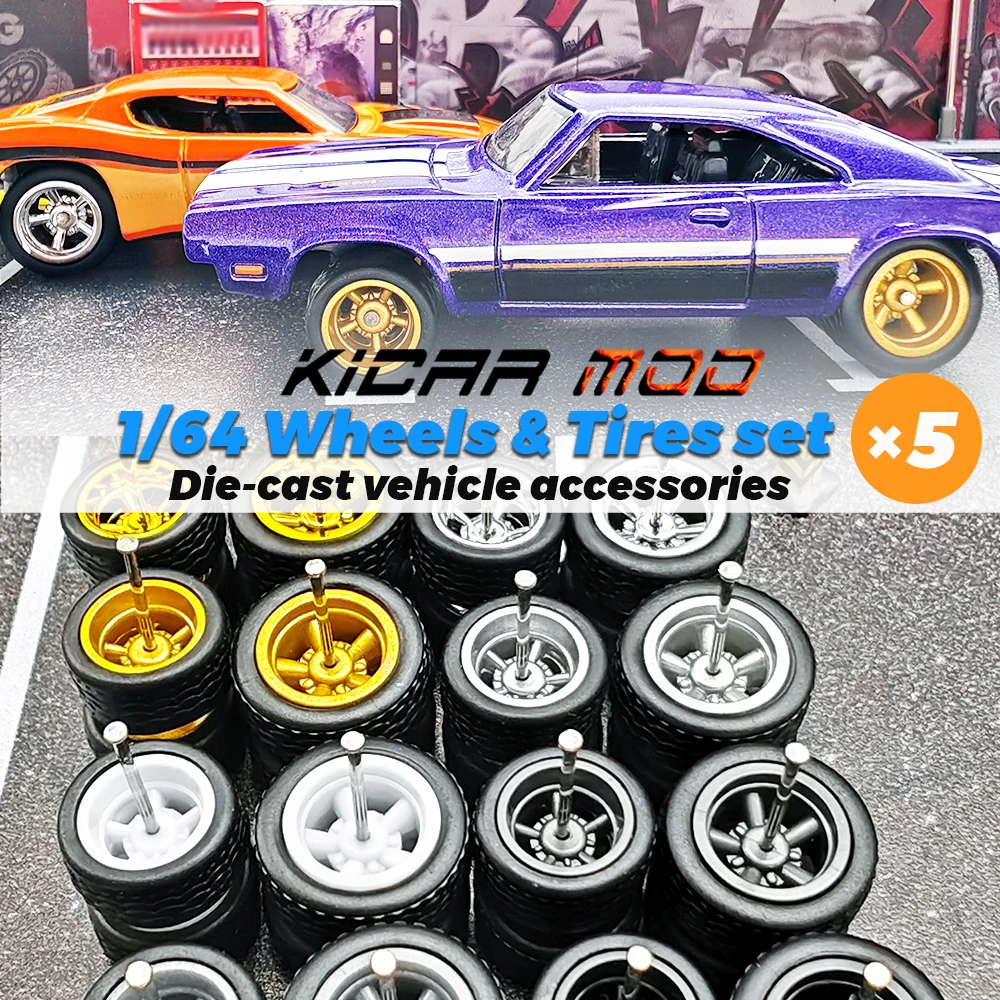 1/64 Front Small and Rear Big Wheels with Detachable Rubber Tires Serrated Spoke Refitting Parts for MINIGT Model Cars 5 Sets