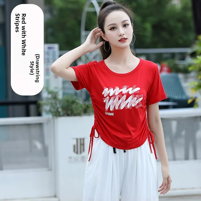 新しいスクエアダンス衣装女性夏プリントトップ春夏-tシャツダンスフィットネススポーツカジュアルパフォーマンスコットン半袖