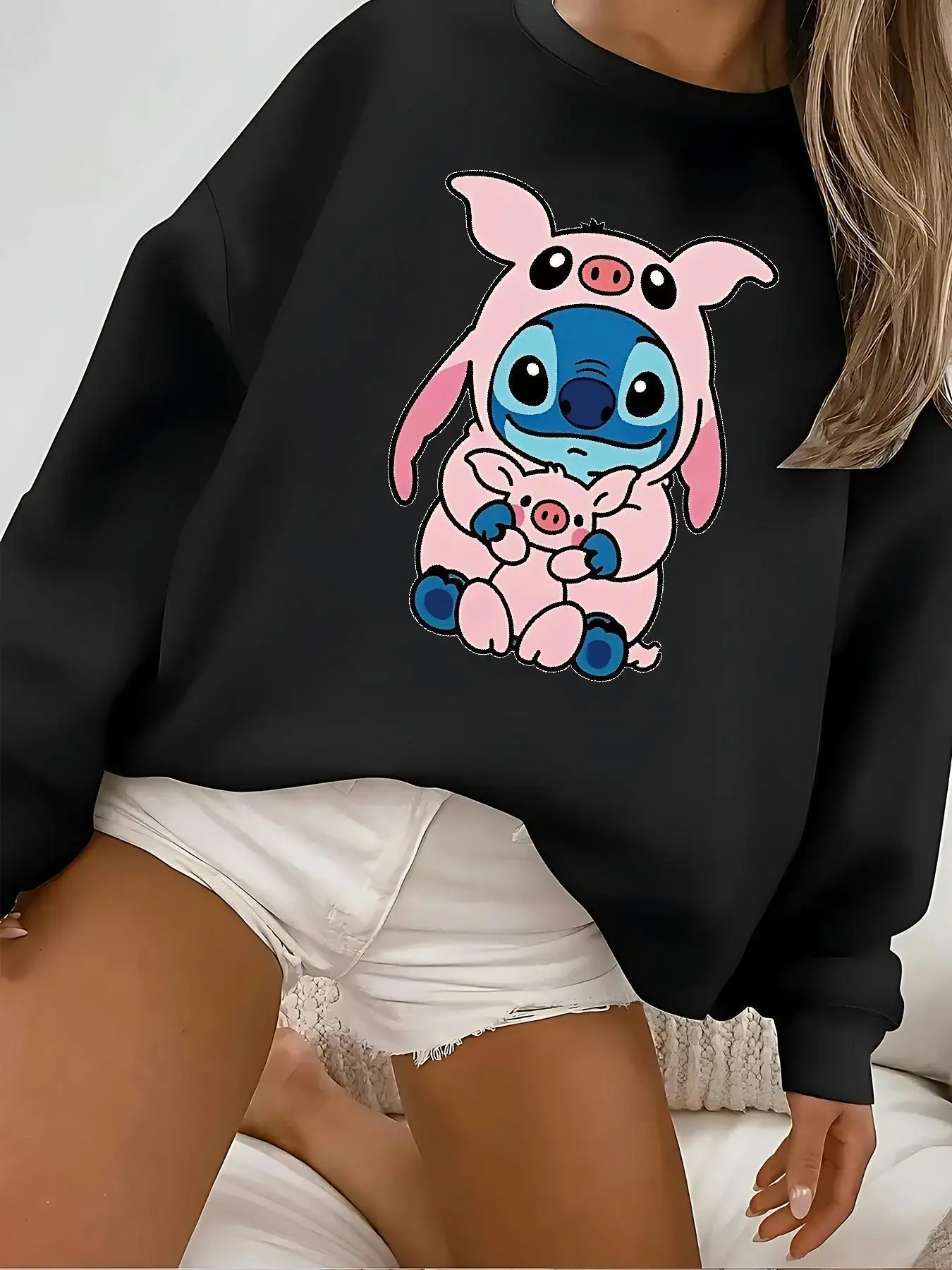 سويت شيرت نسائي برقبة دائرية من Disney Stitch بلوفر للجنسين من الصوف كاجوال للخريف والشتاء ملابس خروج كبيرة الحجم