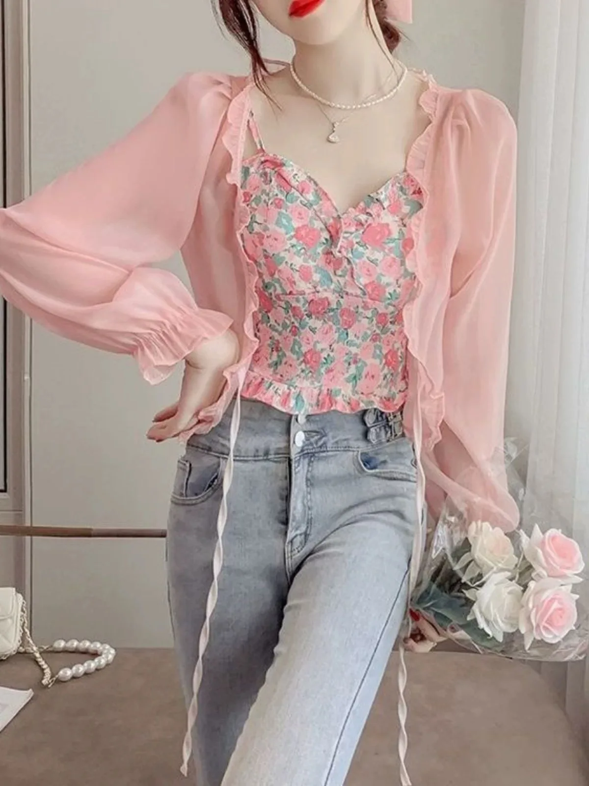 

Women's Long Sleeve T-Shirt Thin Breathable Lace Bow Cardigan Blouse Ruffles Sun Protection Summer Essential Outwear