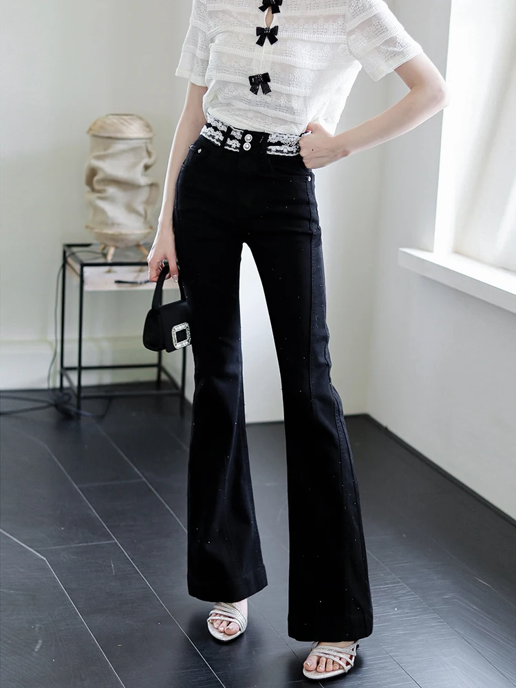 

Джинсы MIUCO с высокой талией, расклешенные, женские, облегающие, длинные, с кружевным дизайном, для повседневной носки, стильные, модные