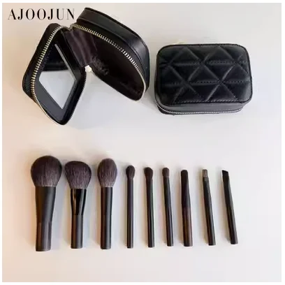 Ebony soft wool animal hair short pole mini makeup brush set with bag powder blusher brush powder brush