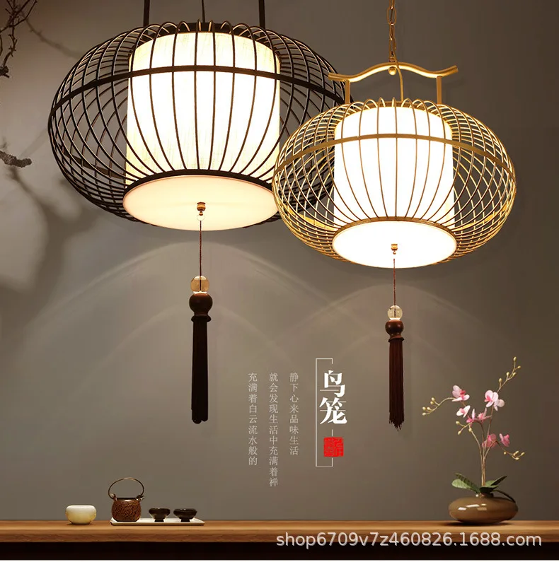 

New Chinese chandelier birdcage lamp bar counter retro creative lamp hotel wrought iron tea room lantern zen restaurant