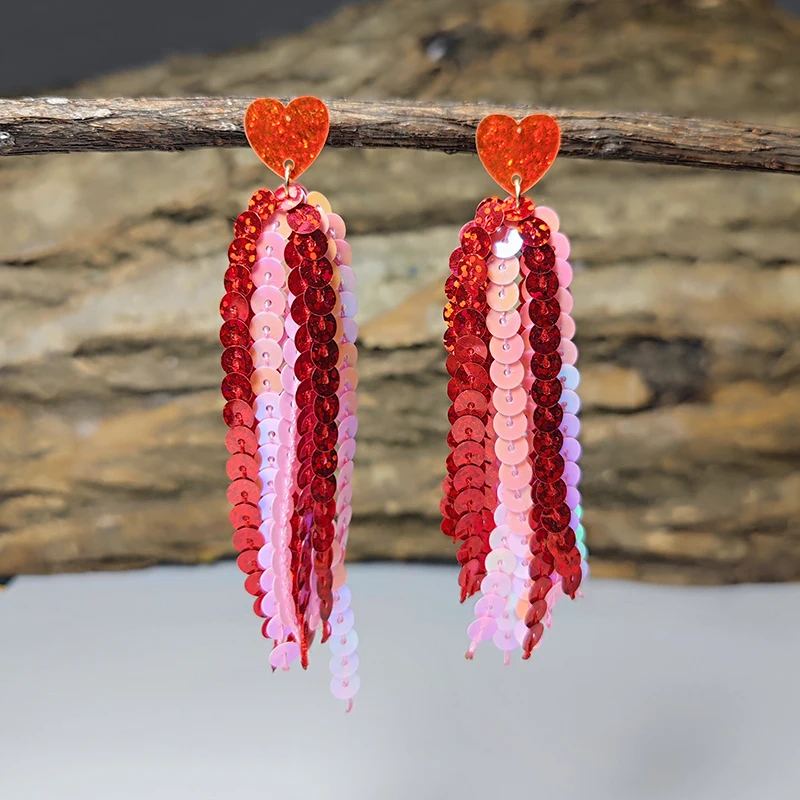 New Valentine\'s Day Earrings Shining Laser Pink Tassel Love Earrings Beautiful Rose Red Round Earrings Valentine\'s Day Decorativ