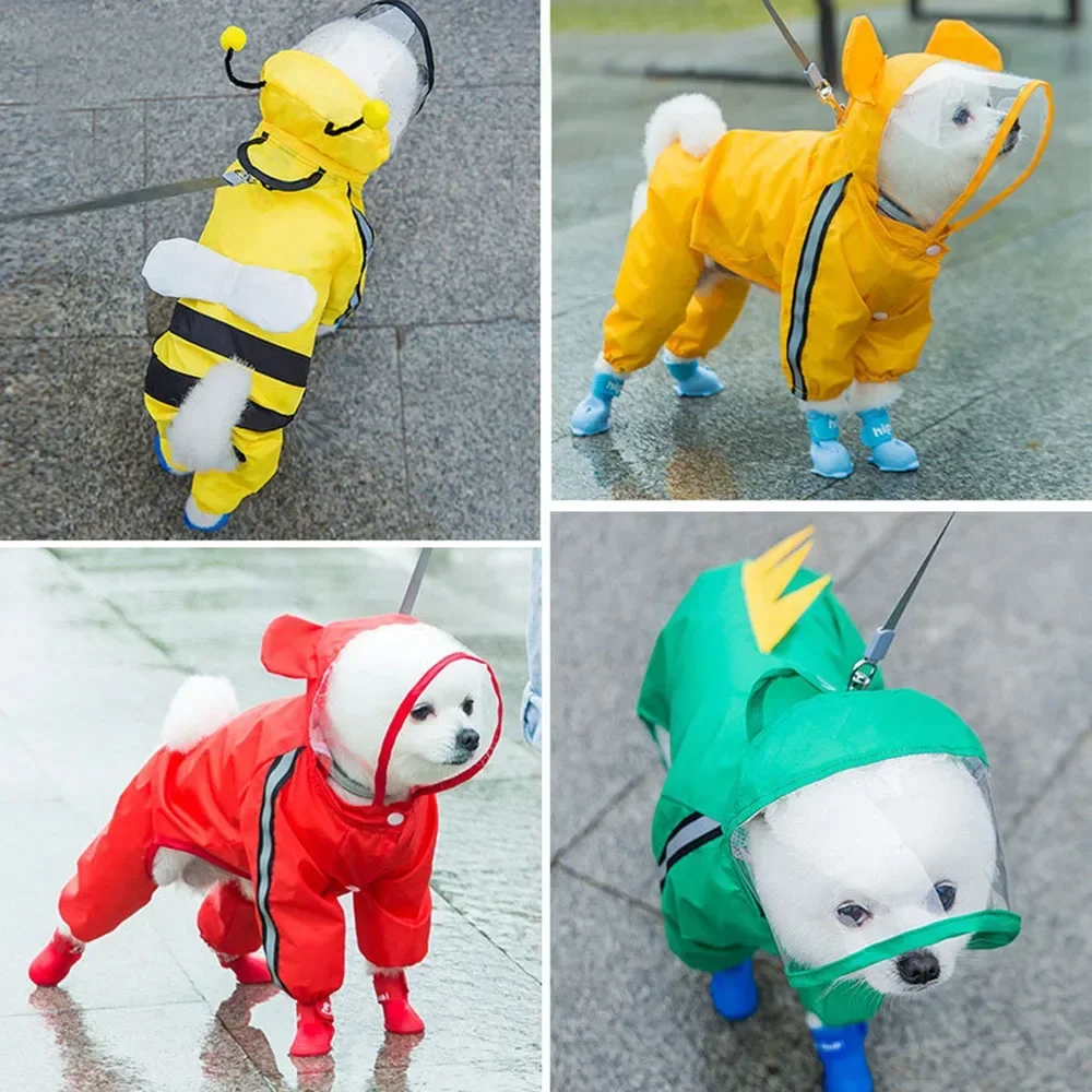 Cute Bear Shaped Puppy Raincoat Double Layered Waterproof Dog Rain Jacket with Hat Full Body Coverage Reflective Hooded Cloak
