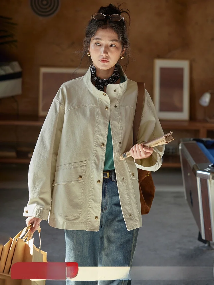 

Solighter Retro Stand Collar Workwear Jacket Women's Loose Fit Spring 2026 New Style Slimming Outerwear Ladies Coat