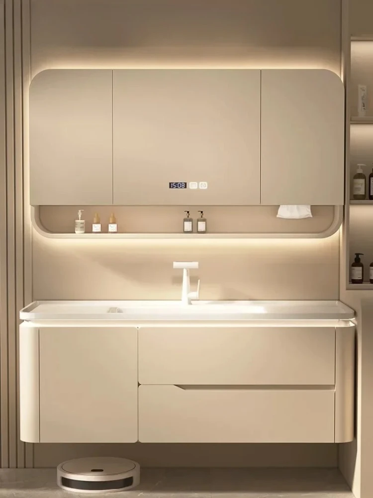 A Oak Bathroom Cabinet Combination Rounded Corner Cream Ceramic Integrated Sink Toilet Washbasin Bathroom Vanity Cabinet